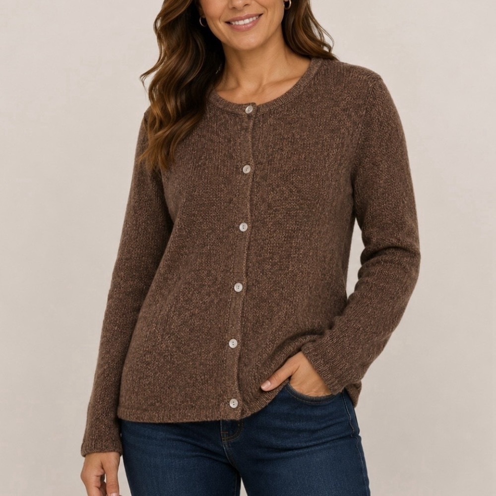 LL Bean Brown Chunky Knit Button Cotton Cardigan Sweater Womens XL 0FGF5